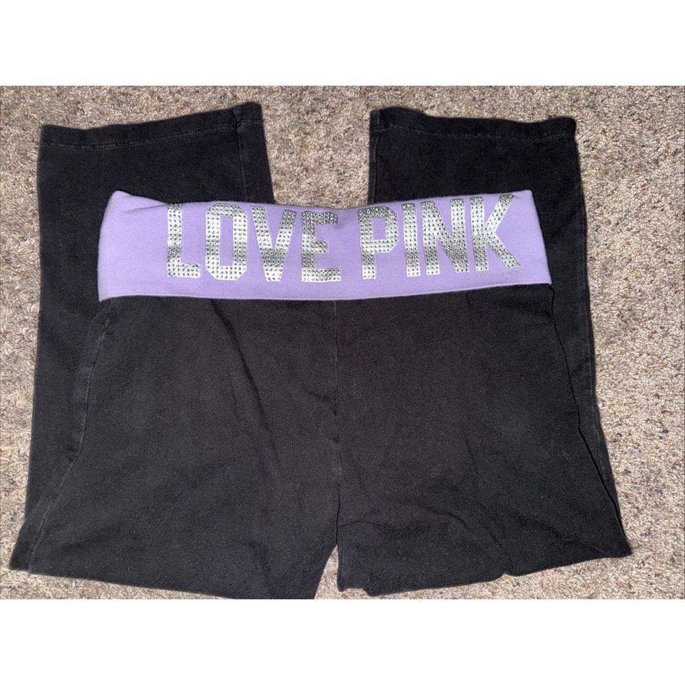 Vtg Y2K Victoria's Secret Pink Fold Over Leggings Purple Capri Rhinestone